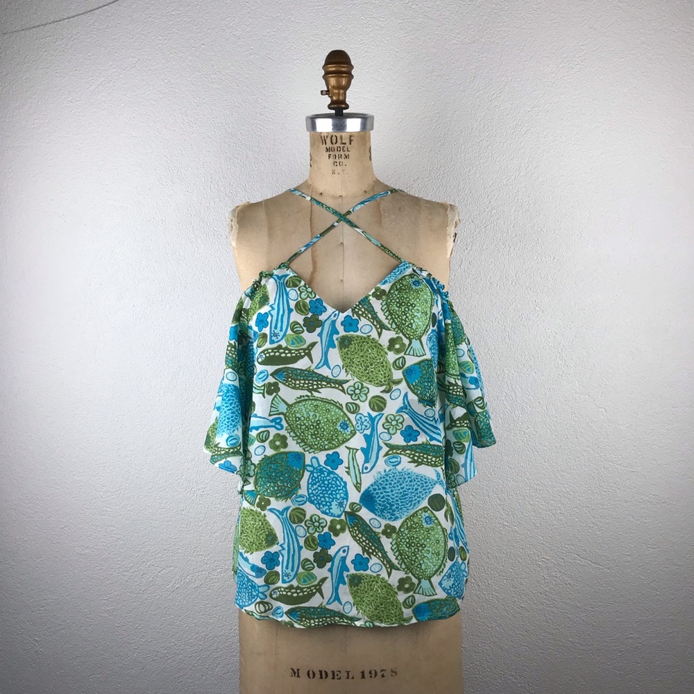 Anthropologie l 0 Virginia Vanessa Silk Flutter Off-Shoulder Novelty Fish Blouse